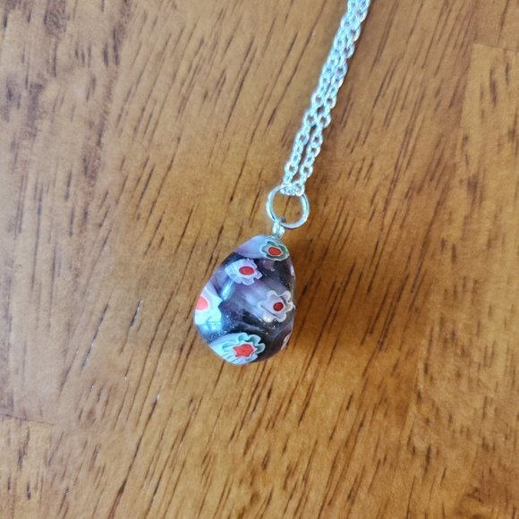 Glass Pendant Necklace, Millefiori Pendant, 22" Silver Tone Chain, Black Red - Picture 4 of 5